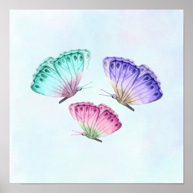 3 Cute Colourful Pastel Watercolor Butterflies Poster (Front)
