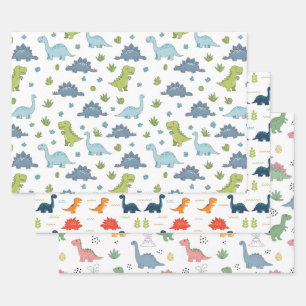 3 Cute Dino Pattern Kids Birthday Wrapping Paper Sheet