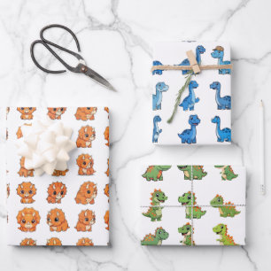 3 Cute Dinosaur Pattern Birthday Wrapping Paper Se