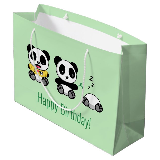 3 Cute Little Pandas on Green Large Gift Bag (Back Angled)