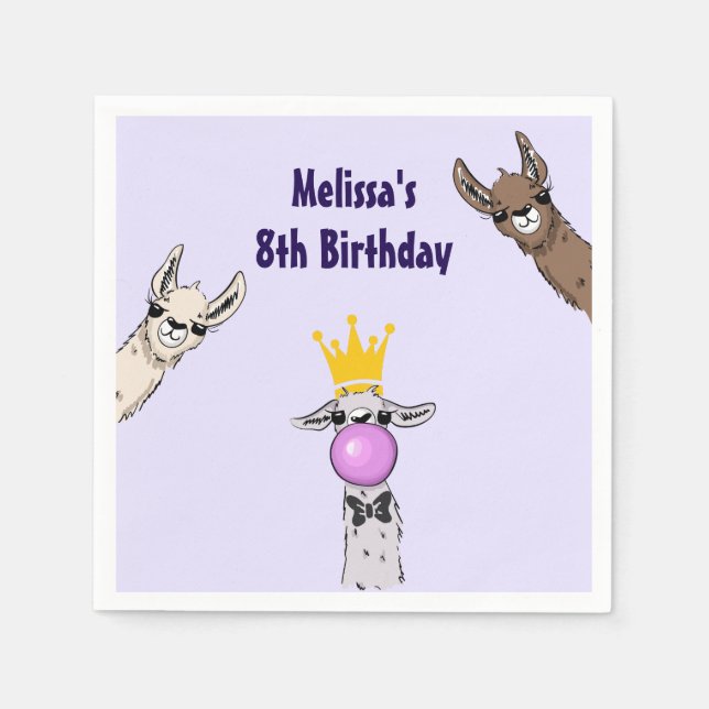 3 Cute Llama Faces Cartoon Birthday Napkin (Front)