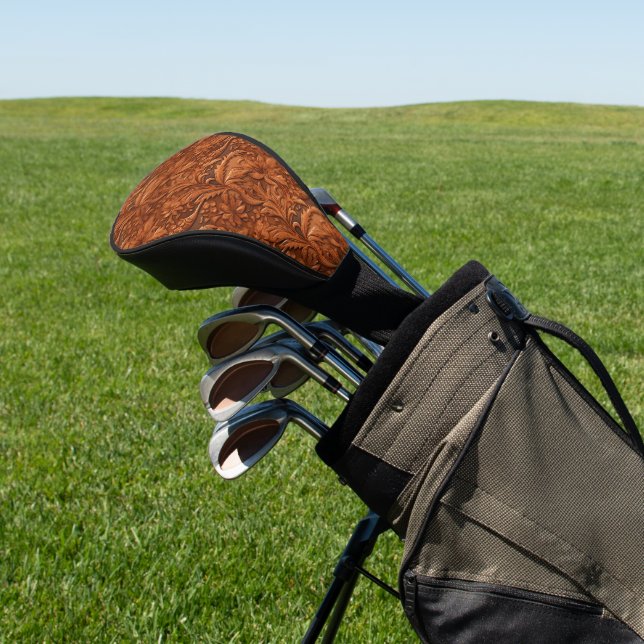 3-D brown tooled leather floral pattern Golf Head Cover (In Situ)