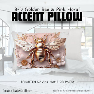 3-D Golden Bee and Pink Floral Accent Pillow