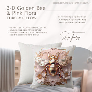 3-D Golden Bee and Pink Floral Throw Pillow