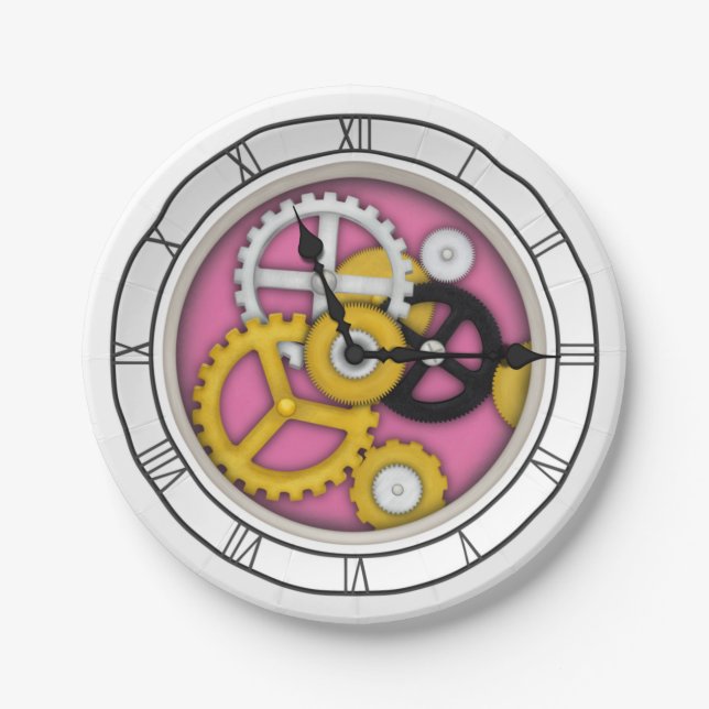 3-D Illusion Clock Art with Visible Workings Pink Paper Plate (Front)