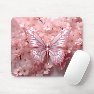 3-D Pink Butterfly On Flowers Mouse Pad