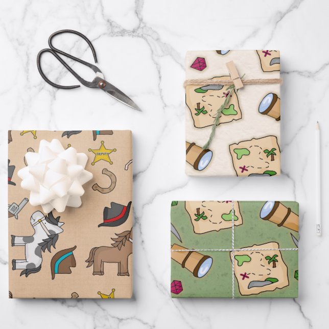 3 designs - 1 Cowboys and 2 Pirates Wrapping Paper Sheet (Front)
