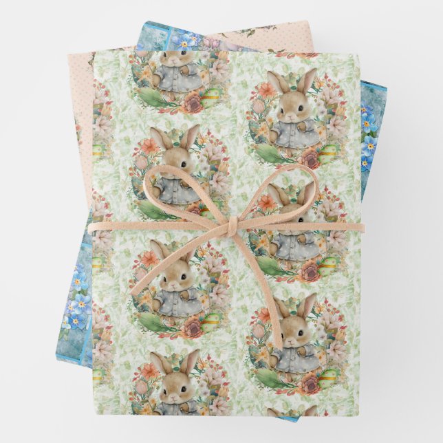 3 Different Easter Bunny Spring Time Gift Wrapping Paper Sheet (In situ)