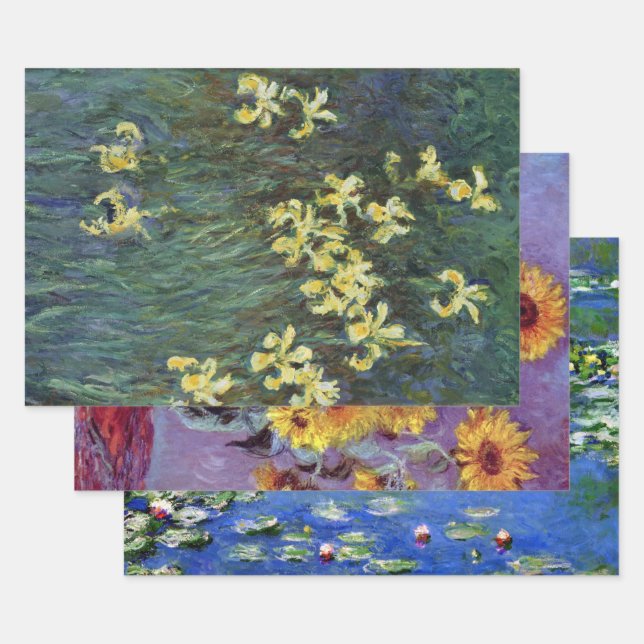 3 Different Flower Paintings by Claude Monet Wrapping Paper Sheet (Set)
