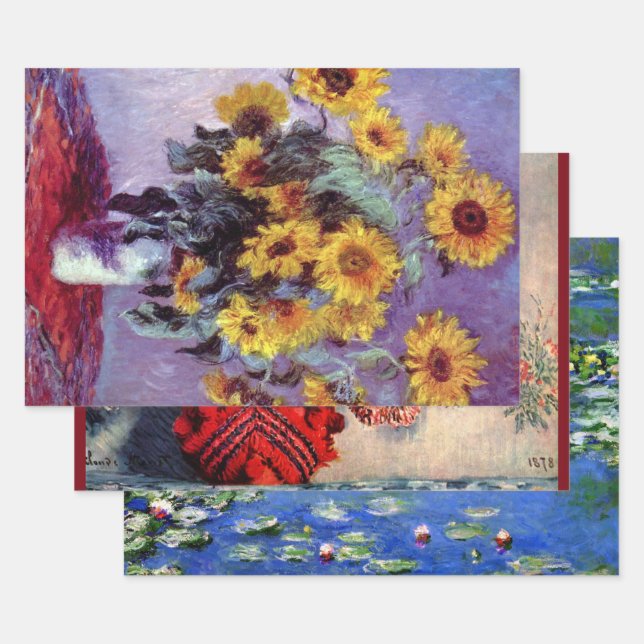 3 Different Flowers Paintings by Claude Monet Wrap Wrapping Paper Sheet (Set)