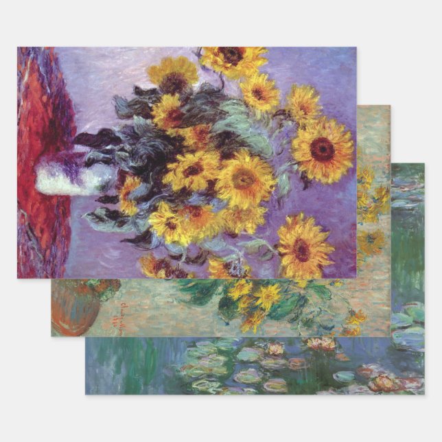 3 Different Flowers Paintings by Claude Monet Wrapping Paper Sheet (Set)