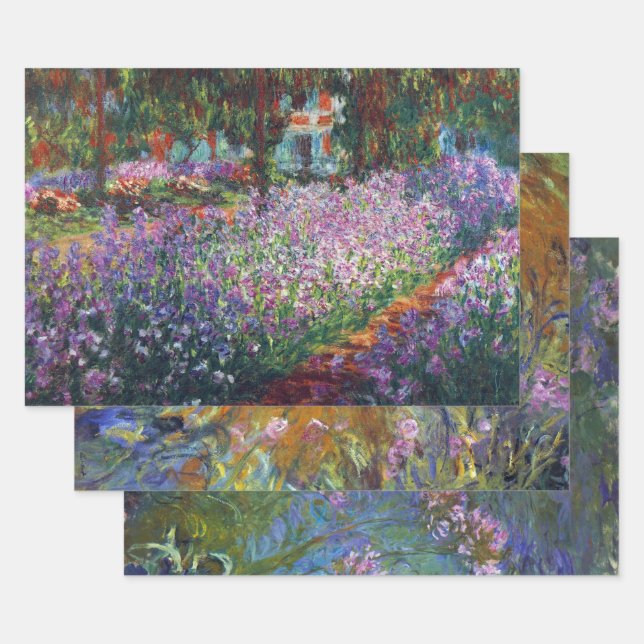 3 different Garden Scenes, Giverny by Claude Monet Wrapping Paper Sheet (Set)