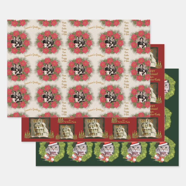 3 Different Personalised Christmas Photo Designs Wrapping Paper Sheet (Set)