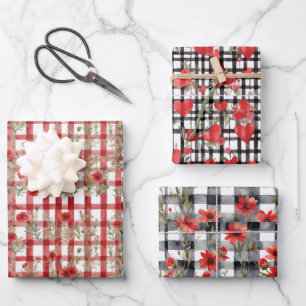 3 Different Pretty Red Floral Hearts Pattern   Wrapping Paper Sheet