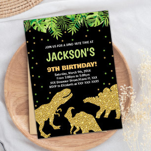 3 Dino Black Glitter Dinosaur Birthday Invitations