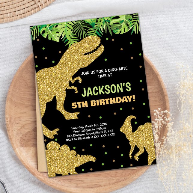 3 Dino Green Glitter Dinosaur Birthday Invitations (3 Dino Green Glitter Dinosaur Birthday Invitations)