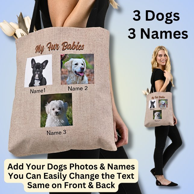 3 Dogs, 3 Names, Can Change Text, Dog Photo Tote Bag (Creator Uploaded)