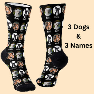 3 Dogs, 3 Names, Dog Photo - Personalised Black Socks