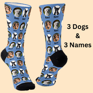 3 Dogs, 3 Names, Dog Photo - Personalised Blue Socks