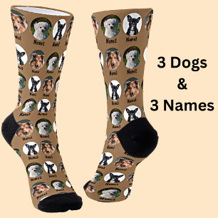 3 Dogs, 3 Names, Dog Photo - Personalised Brown Socks