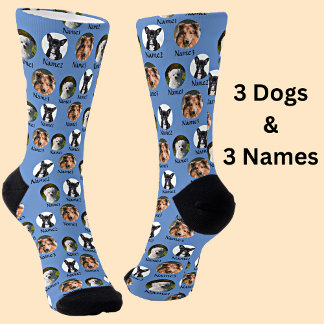 3 Dogs & 3 Names Personalised Pet Photos on Blue   Socks