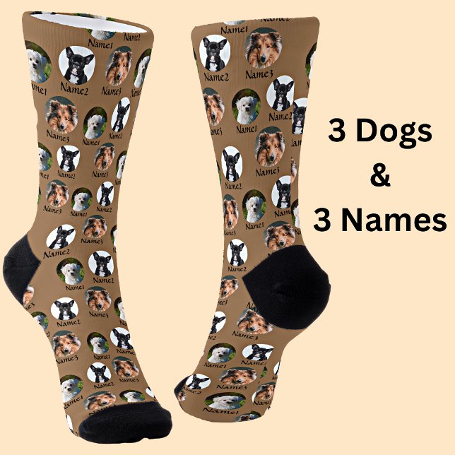 3 Dogs & Names Personalised Pet Photos on Brown  Socks (Creator Uploaded)