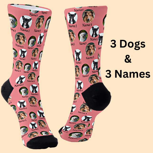 3 Dogs & Names Personalised Pet Photos on Pink Socks (Creator Uploaded)