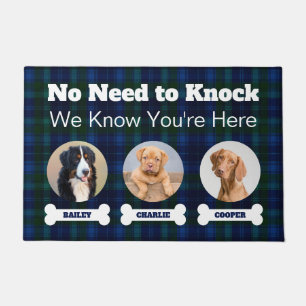 3 Dogs Photos No Need To Knock Blue Tartan Plaid Doormat