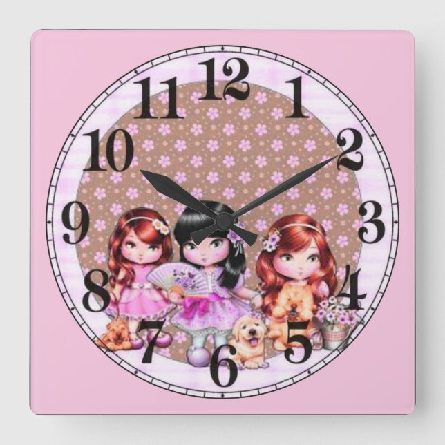 3 Dolls and Dogs Square Wall Clock (Front)