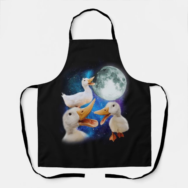 3 Ducks Howl At Moon Funny Weird Cursed Pekin Duck Apron (Front)