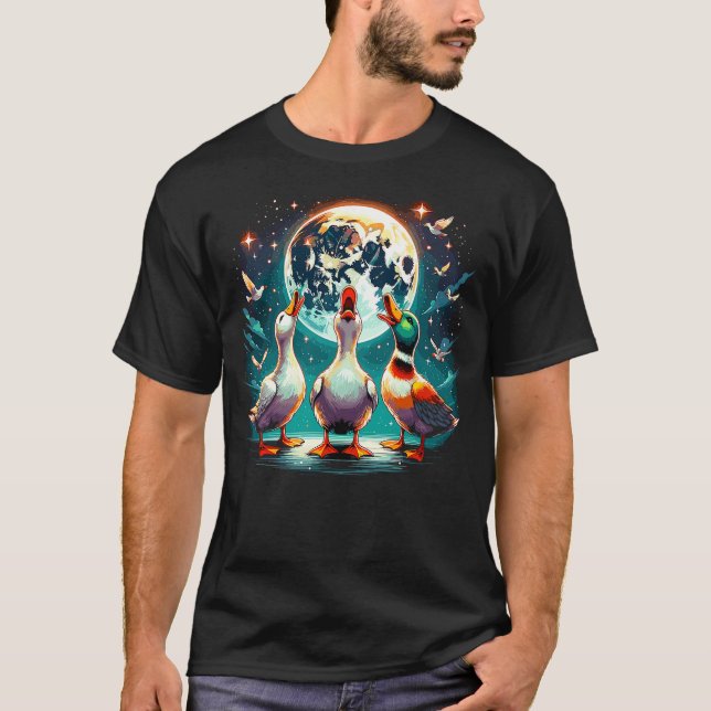 3 Ducks Howl At Moon Funny Weird Cursed Pekin Duck T-Shirt (Front)