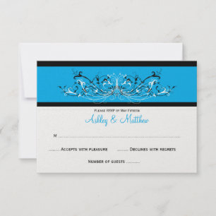 #3 Elegant Blue Black White Scrolls RSVP Card
