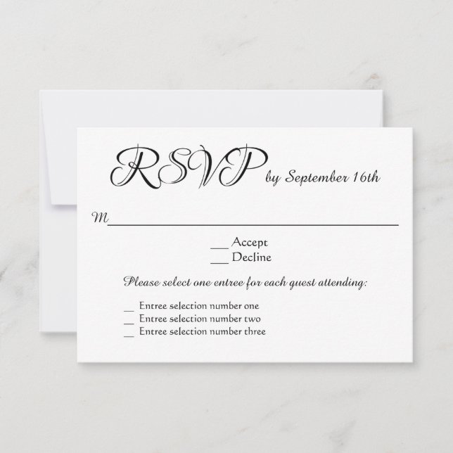 3 Entree Menu Choices Wedding RSVP Response Reply (Front)