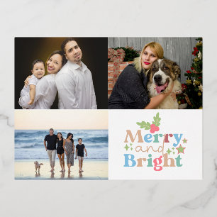3 Family Photo Collage Merry and Bright Christmas Foil Holiday Postcard