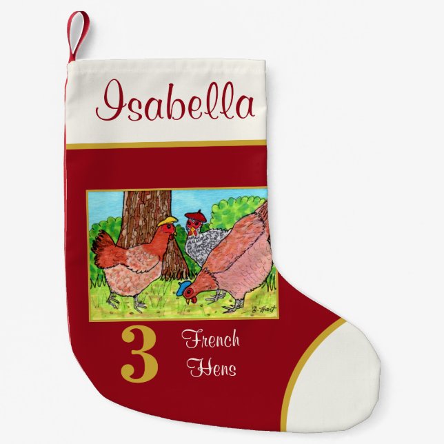 3 French Hens Cute Animals Custom Name Small Christmas Stocking (Front)