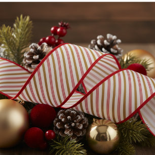 3" Gold and Red Candy Cane Pinstripe Xmas Pattern Grosgrain Ribbon
