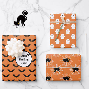 3 Halloween Coordinates NAME Bats Ghosts & Spiders Wrapping Paper Sheet