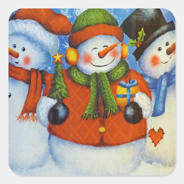 3 Happy Snowmen Square Sticker (Front)