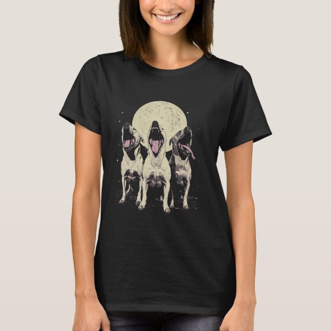 3 Headed Pitbull Dog Howling At The Moon T-Shirt (Front)