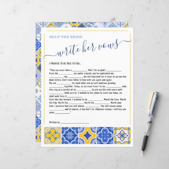 3 Help the Bride Write Her Vows Bridal Shower Game (Front/Back In Situ)