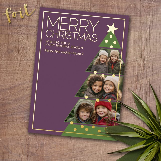 3 Horizontal Photo Christmas Tree Collage (Photo Christmas Card with Gold Foil Accent - Modern Merry Christmas)