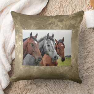 3 Horse Heads Throw Pillow Equestrians Made USA