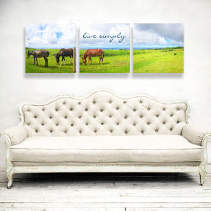 3 Horses Grazing Photo Tryptic Live Simply Script Canvas Print
