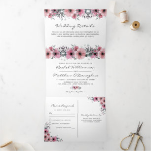 3 in 1 Elegant Pink Watercolor Floral Wedding Tri-Fold Invitation