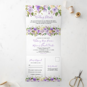3 in 1 Rustic Purple Floral Wedding Tri-Fold Invitation