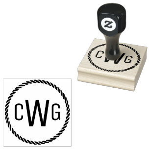 3 Initial Letter Monogram #1 Round Rope Frame Rubber Stamp