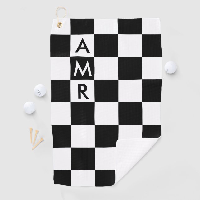 3 Initial Monogram Black White Chequered Pattern Golf Towel (InSitu)