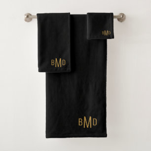 3 Initial Monogram Gold Script Name Black Bath Towel Set