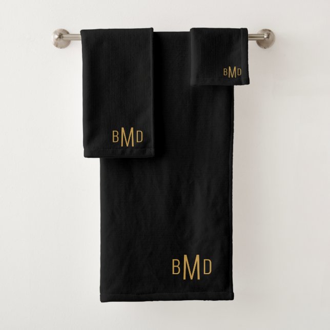 3 Initial Monogram Gold Script Name Black Bath Towel Set (Insitu)