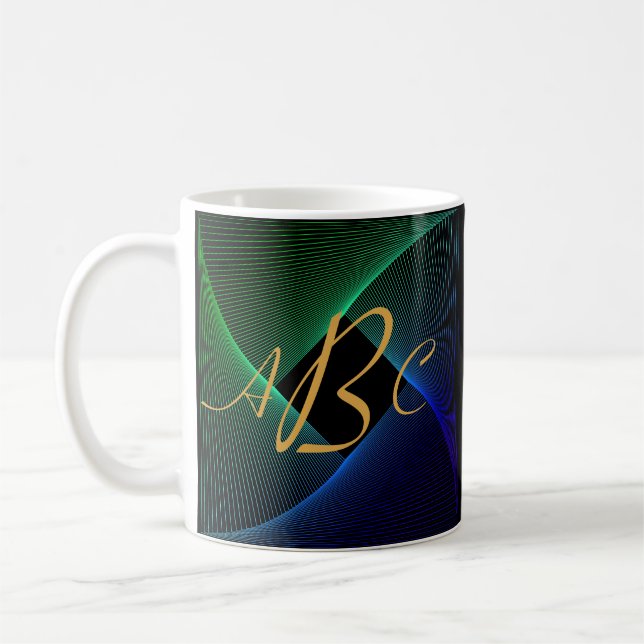 3 Initial Monogram Letter Green Blue Swirl Lines   Coffee Mug (Left)